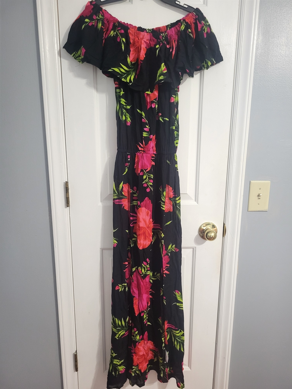 Black Off-Shoulder Maxi Dress with Pink Floral Print